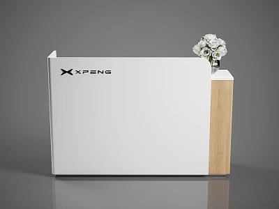 Modern XPENG Reception Desk With White Surface Wooden Side And Flower Arrangement 3d model