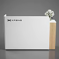 Modern XPENG Reception Desk With White Surface Wooden Side And Flower Arrangement
