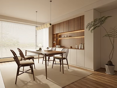 Modern Dining Room Interior With Wooden Table Chairs Cabinets Pendant Lights Blinds And Indoor Plant 3d model