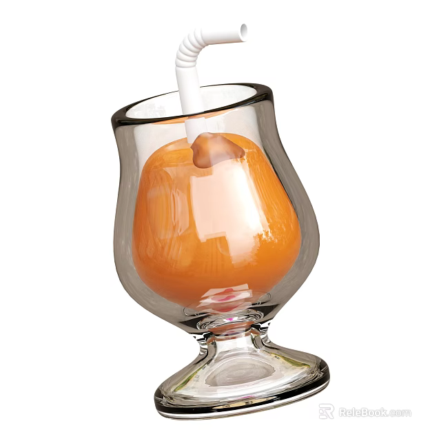 Fresh Orange Drink in Transparent Glass with White Straw Orange Fruit and Round Base 3d model 