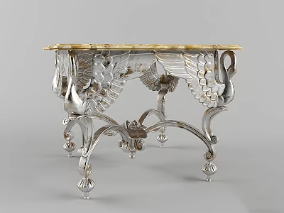 Ornate Silver Tea Table And Chairs With Swan Leg Design Golden Top Surface 3d model