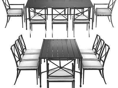 Modern Rectangular Dining Table and Cross Legged Chairs Set with Metal Frame and Cushioned Seats 3d model