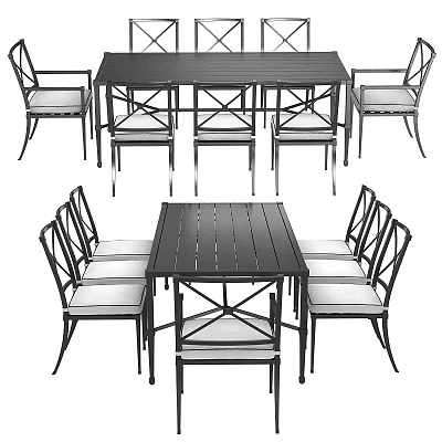 Modern Rectangular Dining Table and Cross Legged Chairs Set with Metal Frame and Cushioned Seats 3d model