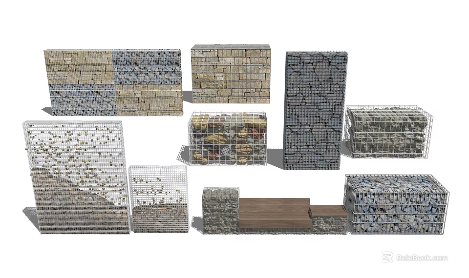 Stone and Wood Gabion Structures with Assorted Designs and Decorative Elements 3d model