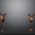 Two Brown Reindeer Figurines With Red Nose And Antlers On Gray Reflective Surface