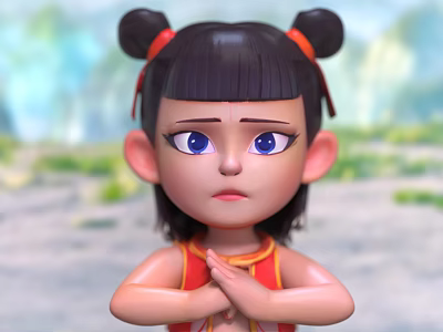 Cute Doll With Black Short Hair Two Red Buns Red Hair Ties Blue Eyes Red Outfit Hands Clasped 3d model