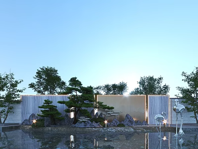 Serene Garden Ornaments with Water Pond Pine Trees Wooden Screen Crane Sculptures Reflections 3d model