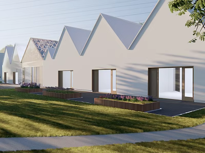 Modern Commercial Street Architecture Design With Geometric Roofs Large Windows Lawn And Flower Beds 3d model