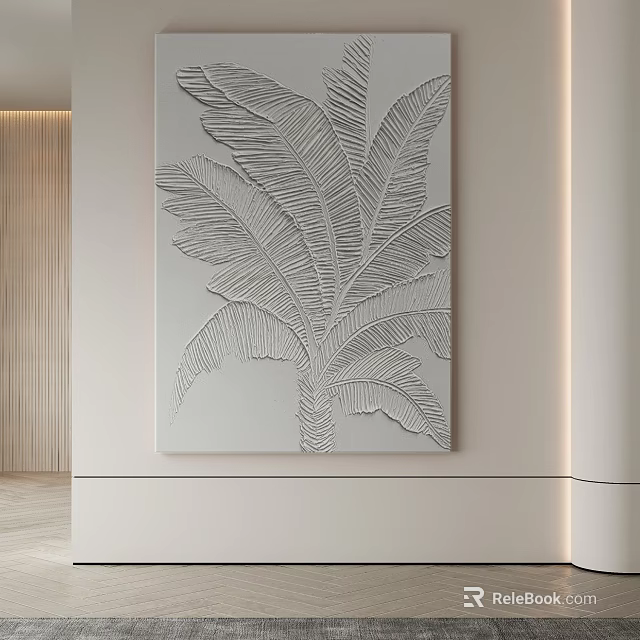Abstract Painting With Leaf Inspired Linear Patterns Textured Gray And White Modern Interior Wall Decor 3d model
