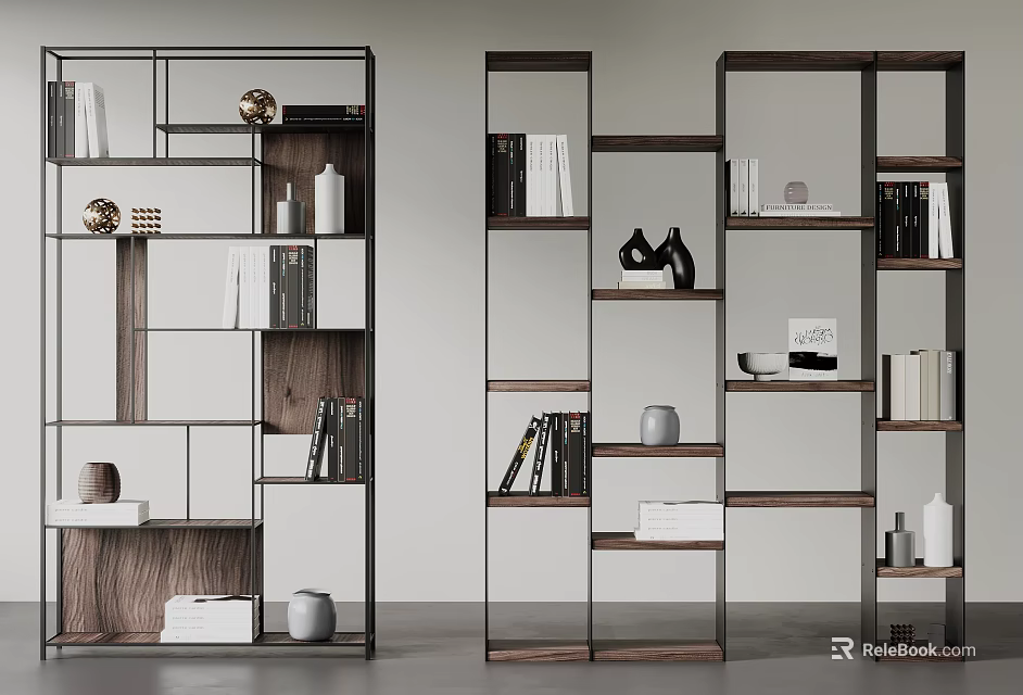 Modern Open Bookshelf Design With Multi Layered Shelves Books And Decorative Items 3d model 