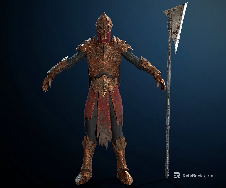 Game Movie Warrior Character In Ornate Gold Red Armored Outfit Holding Spear 3d model 