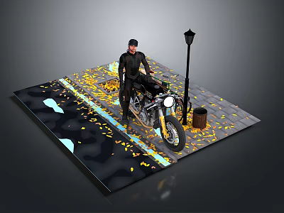 Street Scene With Man Standing By Motorcycle Street Lamp Trash Can And Fallen Leaves 3d model