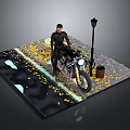 Street Scene With Man Standing By Motorcycle Street Lamp Trash Can And Fallen Leaves