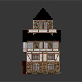 Cartoon Scene Of Two Story House With Black Roof White Walls And Brown Wooden Frames