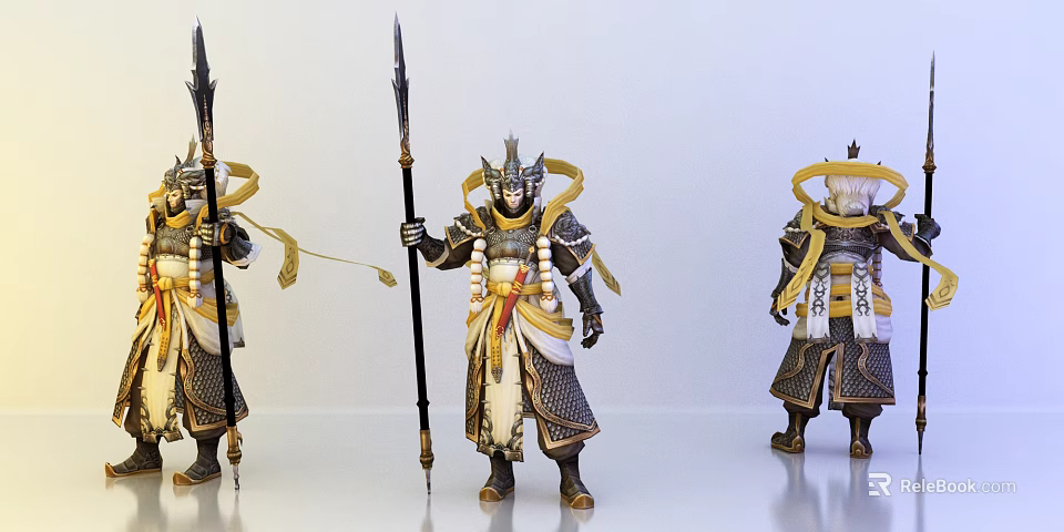 Three Armored Warriors In Ornate Armor Holding Spears With Golden Ribbons Standing 3d model 