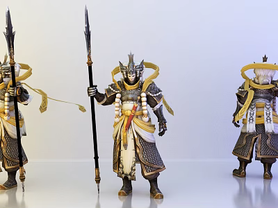 Three Armored Warriors In Ornate Armor Holding Spears With Golden Ribbons Standing 3d model