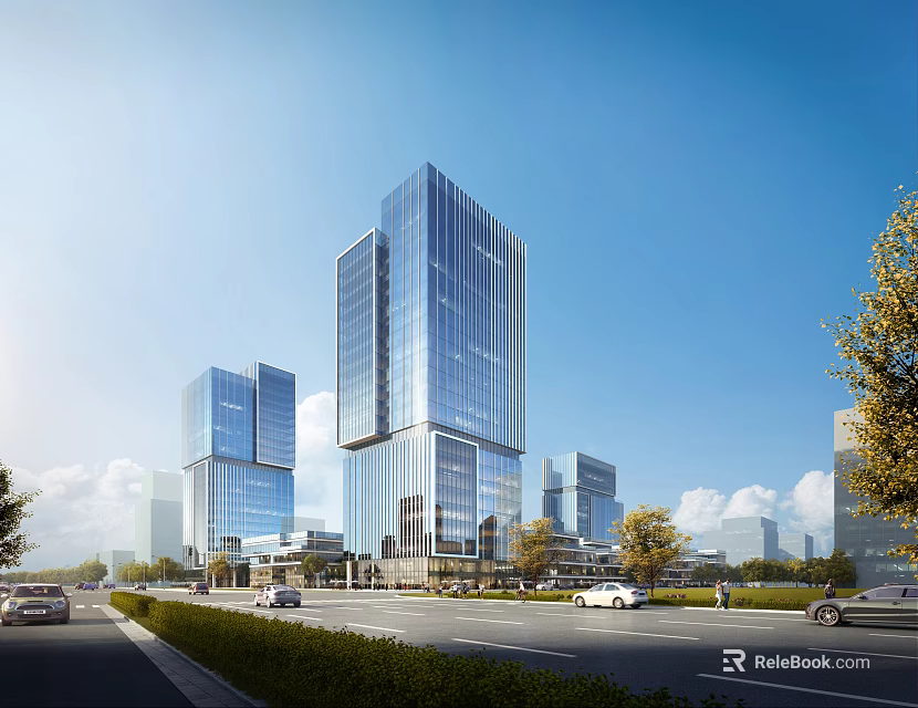 Modern Office Building With Glass Curtain Walls Tall Structures Road Cars Trees Blue Sky 3d model 