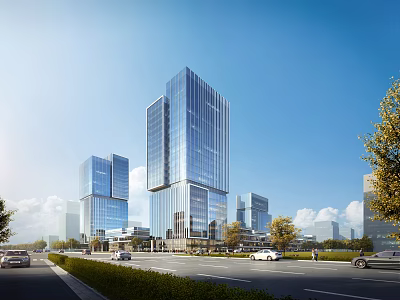 Modern Office Building With Glass Curtain Walls Tall Structures Road Cars Trees Blue Sky 3d model