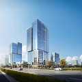 Modern Office Building With Glass Curtain Walls Tall Structures Road Cars Trees Blue Sky