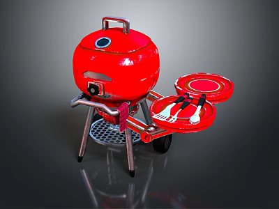 Red Portable Outdoor Grill With Wheel And Side Trays For Barbecue Use 3d model