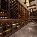 Elegant Wine Cellar Corridor With Wooden Racks Arranged Bottles And Warm Lighting