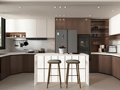 Modern Kitchen Interior Design With Island Counter Wooden Stools And Cabinets 3d model
