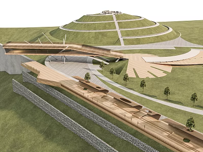 Modern Park Landscape with Green Hillside Winding Pathways Wooden Structures and Small Trees 3d model