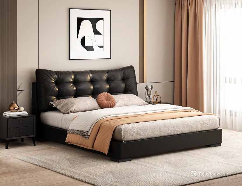 Modern Elegant Double Bed With Black Leather Headboard Orange Throw Blanket And Pillows 3d model 