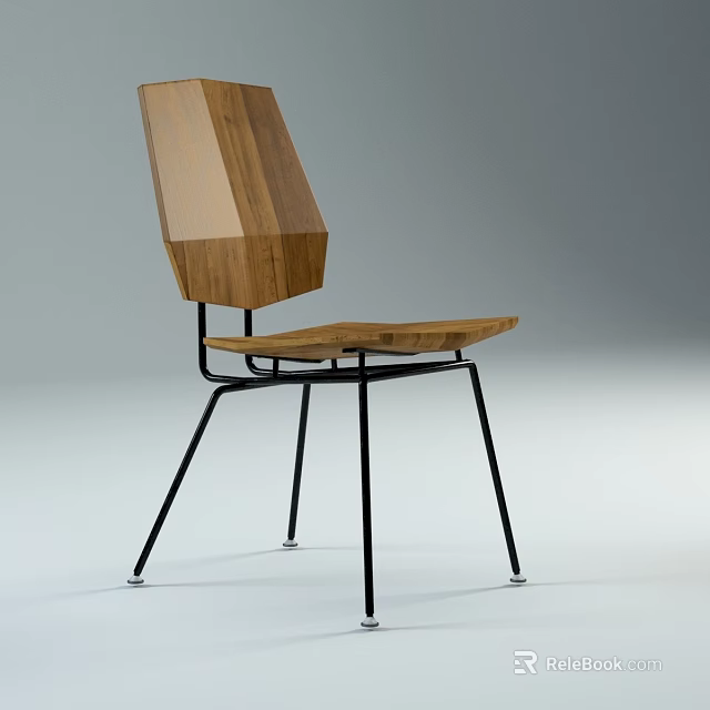 Modern Office Chair With Wooden Backrest And Black Metal Legs Design 3d model 