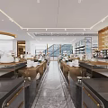 Elegant Restaurant Interior With Tableware Display Shelves Fresh Fruits Warm Lighting And Polished Countertops