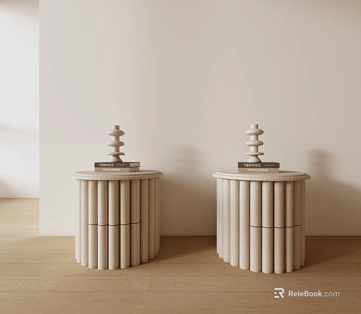 Light Colored Round Bedside Tables With Vertical Striped Design Decorative Figurines And Books On Top 3d model
