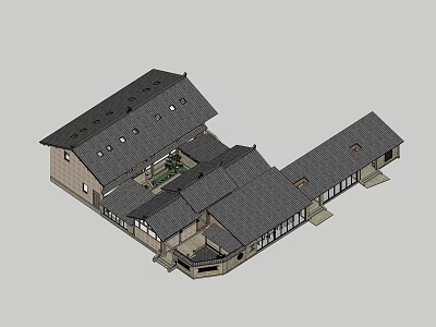 Ancient Traditional Architecture Design With Multiple Connected Roofs And Central Courtyard 3d model