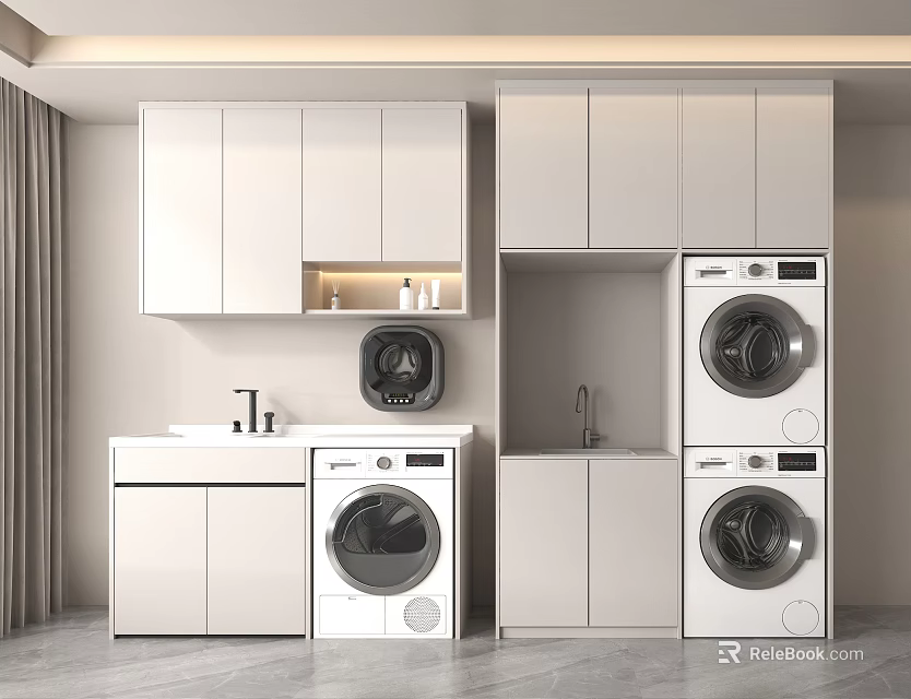 Modern Laundry Room With White Cabinets Washing Machine Dryer And Sink 3d model 