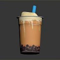 Layered Orange Bubble Tea With Tapioca Pearls Cream Top And Blue Straw