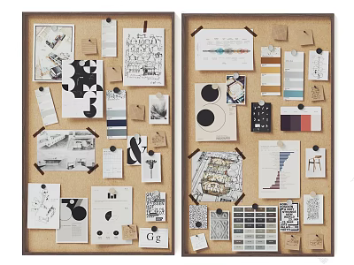 Corkboard Photo Wall Featuring Design Sketches Drawings Color Swatches And Graphs 3d model