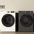 Modern Washing Machines in White and Gray with Circular Doors on Wooden Floor