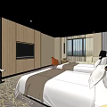 Modern Hotel Guest Room With Two Beds Sofa TV Large Window And Decorative Carpet
