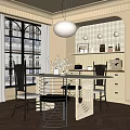 Elegant Restaurant Interior Featuring Large Windows Curtains Pendant Light Shelves Tables Chairs And Wooden Floor