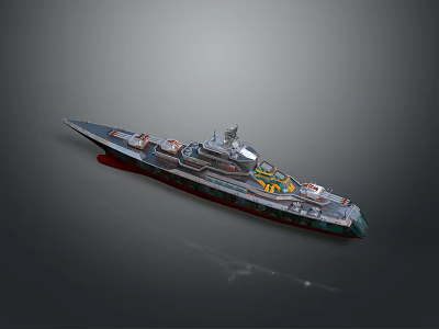 3D Warship Model with Detailed Deck Structure Green Red Accents and Gray Background Rendering 3d model