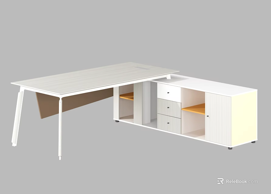 Modern L Shaped White Office Desk With Drawers And Storage Cabinets 3d model 