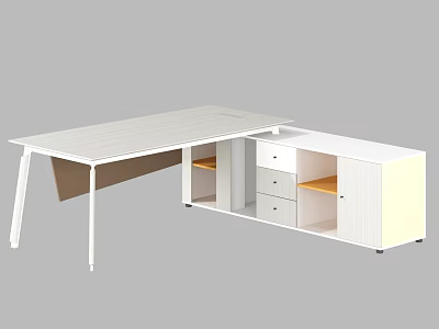 Modern L Shaped White Office Desk With Drawers And Storage Cabinets 3d model