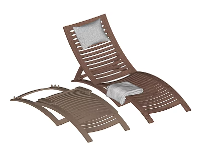 Brown Slatted Lounge Chair With Gray Pillow And Towel For Outdoor Relaxation 3d model