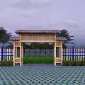 Traditional Wooden Entrance Gate With Carved Design In Park With Grass Trees And Blue Sky