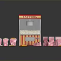 Red And Yellow Popcorn Machine With Paper Buckets And Scattered Kernels 3d model