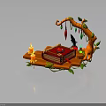 Whimsical Decorative Scene With Red Book Orange Wooden Plank Tree Branch Colorful Bulbs And Candles