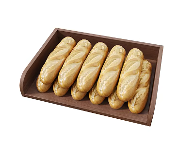Freshly Baked Baguettes Arranged in Wooden Tray for Serving and 3d model