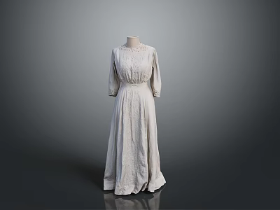 Elegant Vintage Lace Long Dress With Three Quarter Sleeves And Pleated Design 3d model