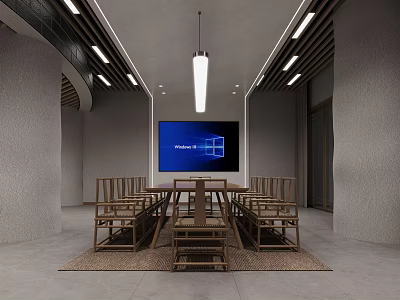Modern Conference Room with Long Wooden Table Chairs Large Screen Display and Minimalist Interior Design 3d model