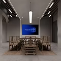 Modern Conference Room with Long Wooden Table Chairs Large Screen Display and Minimalist Interior Design