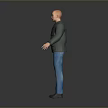 3D Human Character Bald Head Green Jacket Striped Shirt Blue Jeans Black Shoes Gray Background